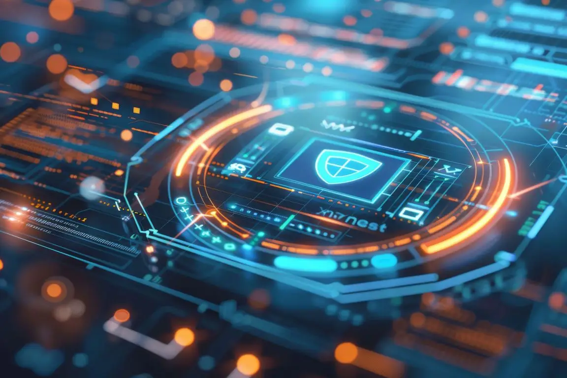cybersecurity-24-7-monitoring-interface A glowing blue and orange digital circuit board features a central shield icon, symbolizing cybersecurity and data protection, with "X7nest" visible.
